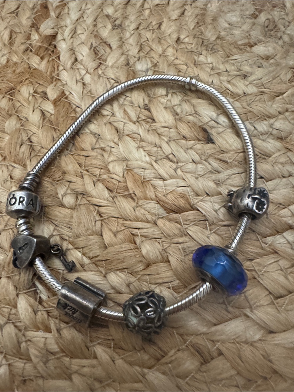 Pandora Silver Bracelet with Deep Blue Faceted Glass Charm